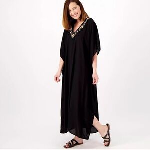 America and Beyond Embroidered VNeck Black KAFTAN Maxi Dress M/L NWT MSRP $199